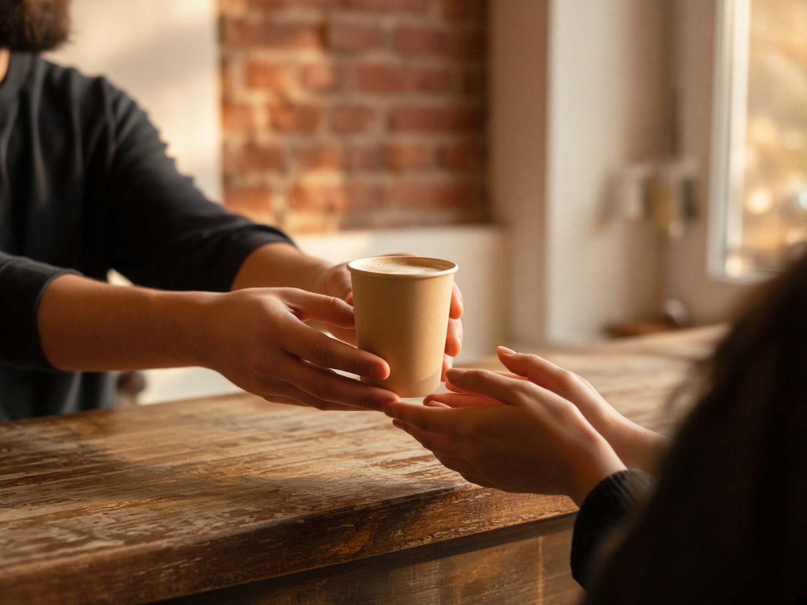 Hands passing a cup of coffee across a wooden counter