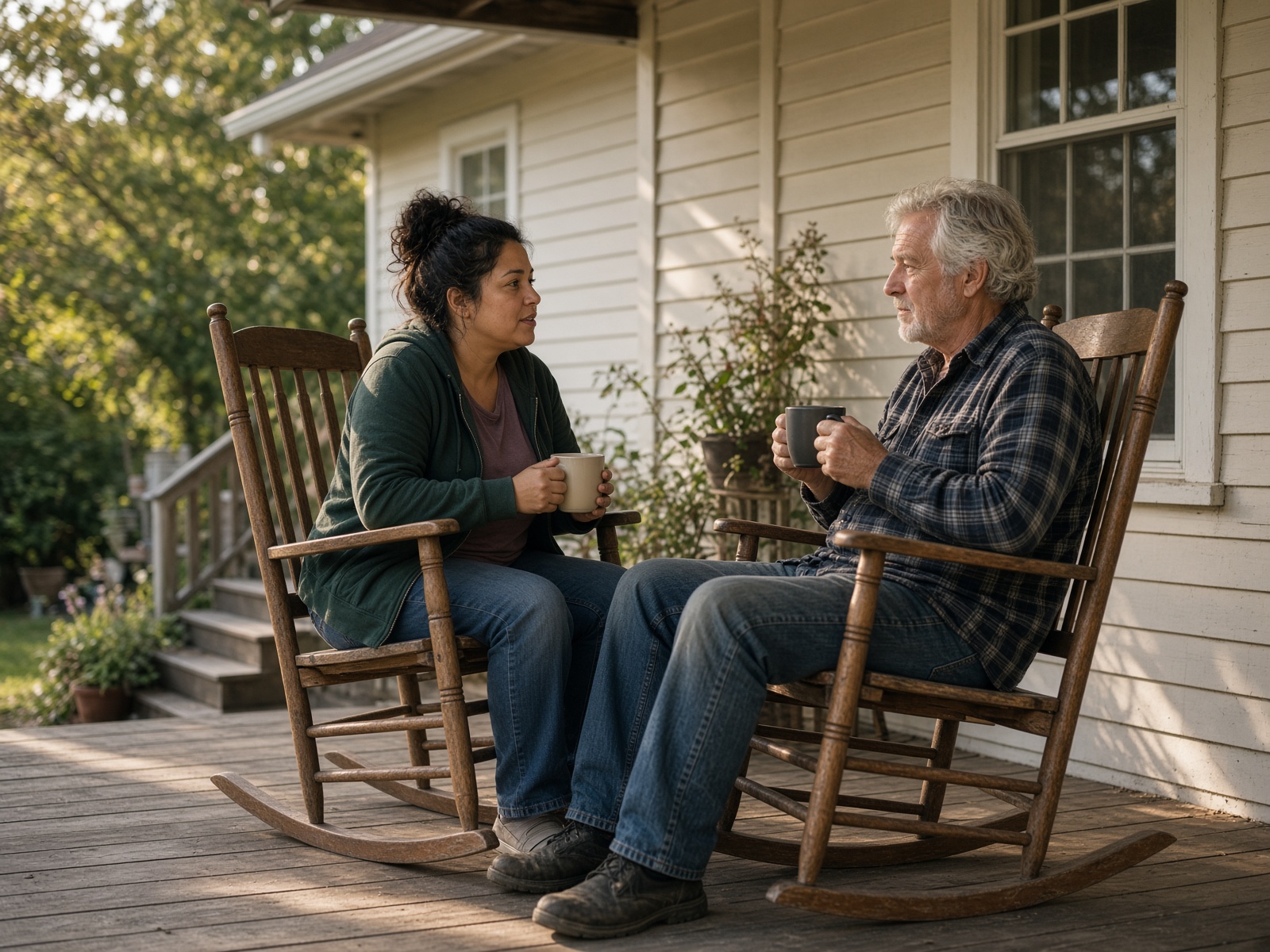 Two neighbors talking on a front porch